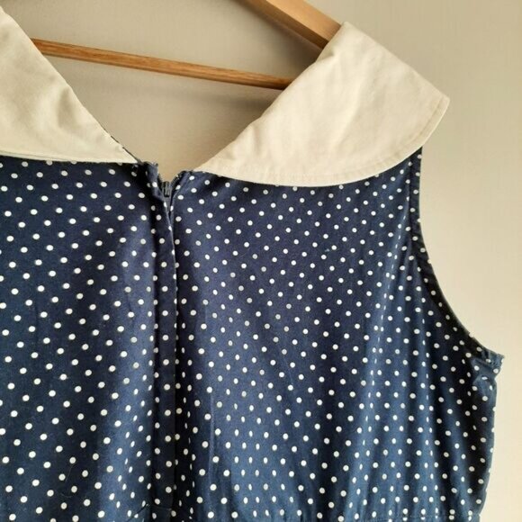 Navy Polka Dot Midi Dress with White Collar - Picture 13 of 16